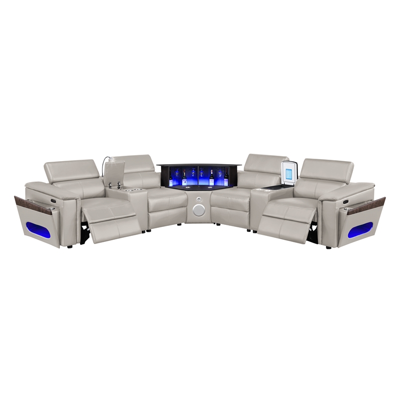 Modern Sectional with 2 Consoles with Reading Light and Fridge-Gray