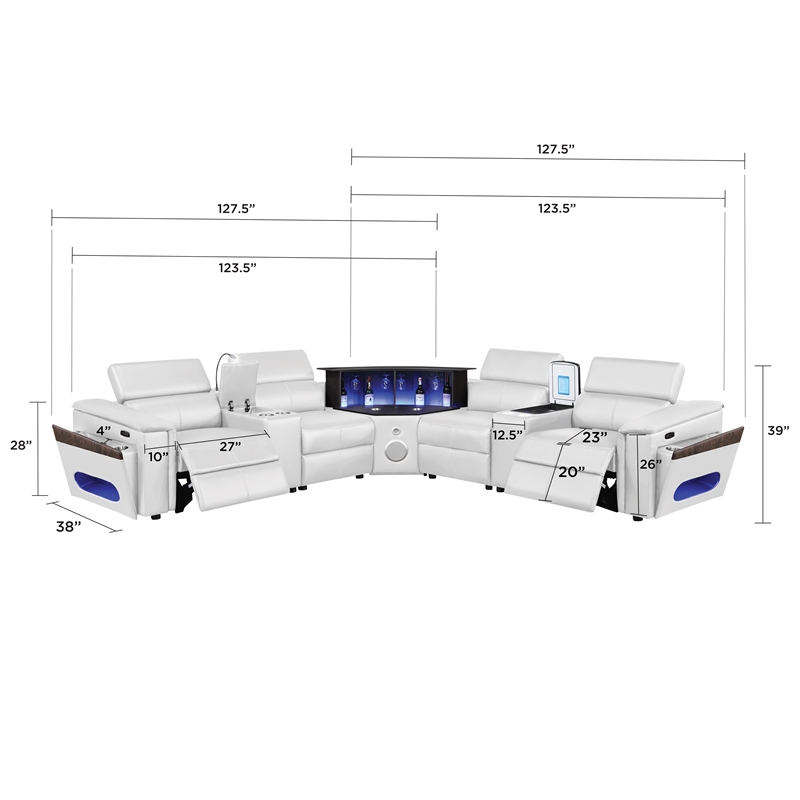 Sectional with 2 Consoles with Reading Light and Fridge-White