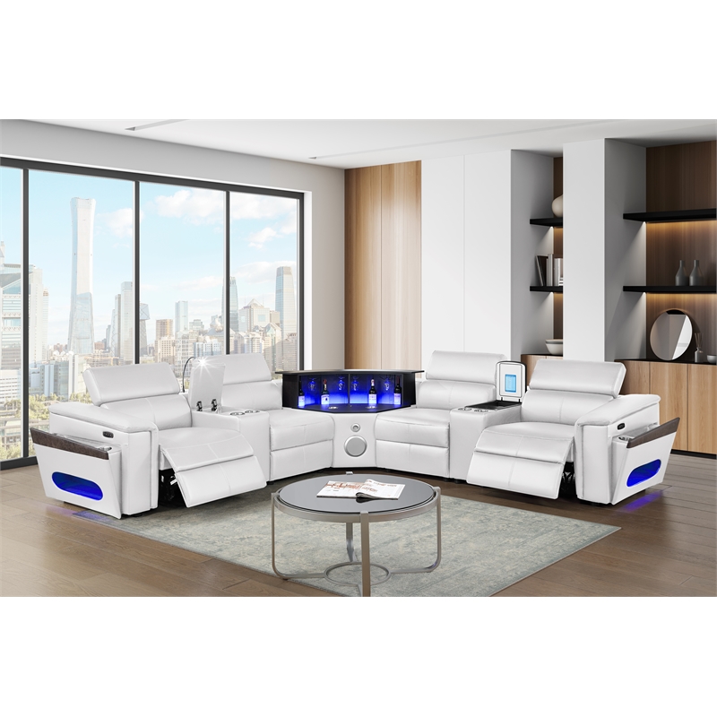Sectional with 2 Consoles with Reading Light and Fridge-White