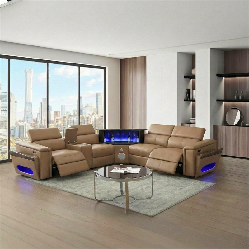 Modern Sectional with 1 Console and Reading Light-Caramel