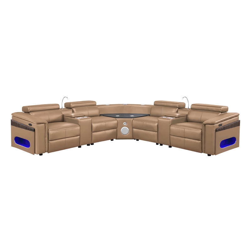 Modern Sectional with 2 Consoles with Reading Light and Fridge-Caramel