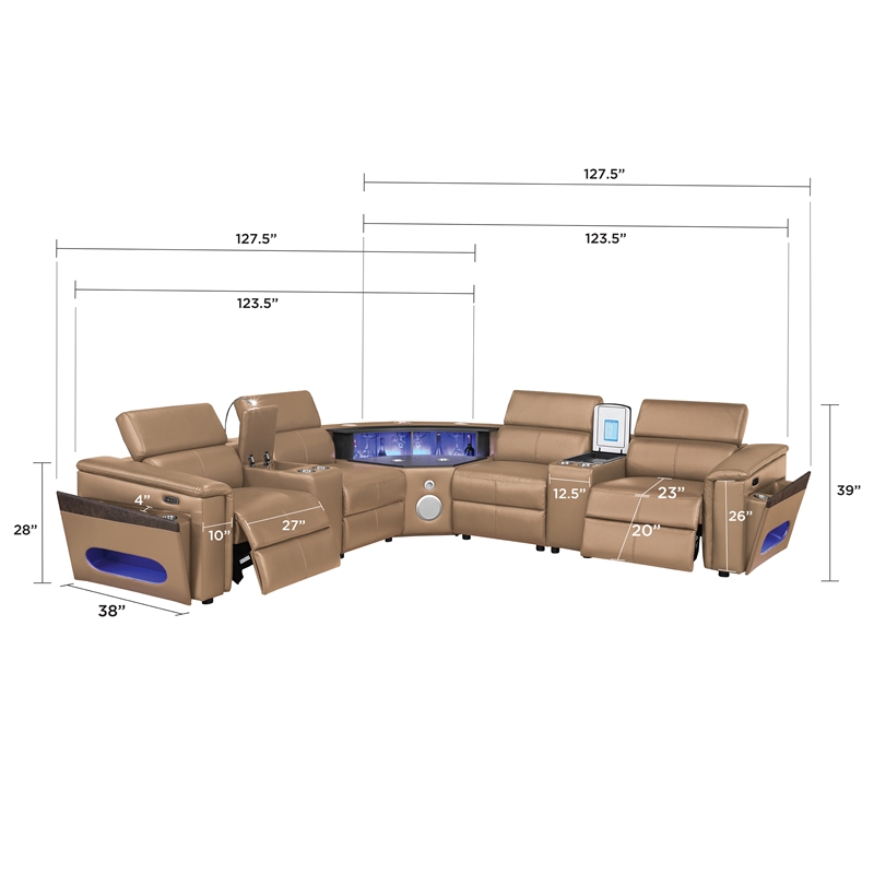 Modern Sectional with 2 Consoles with Reading Light and Fridge-Caramel