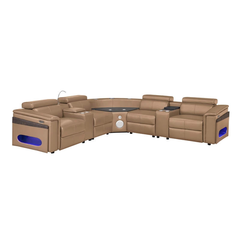 Modern Sectional with 2 Consoles with Reading Light and Fridge-Caramel