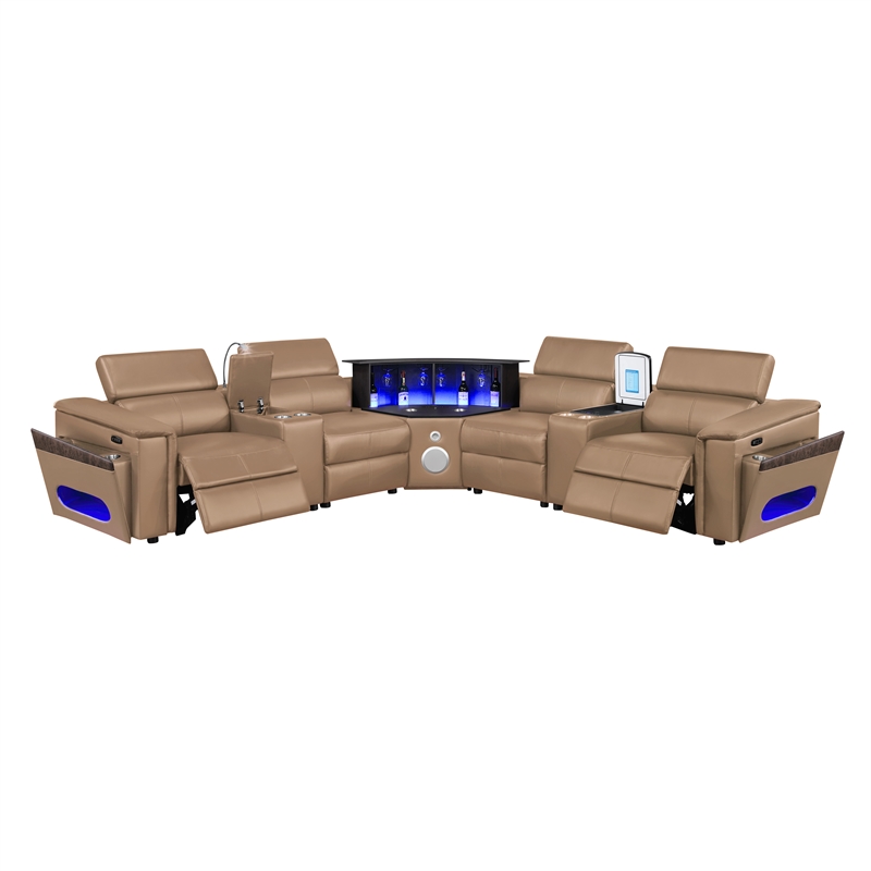 Modern Sectional with 2 Consoles with Reading Light and Fridge-Caramel
