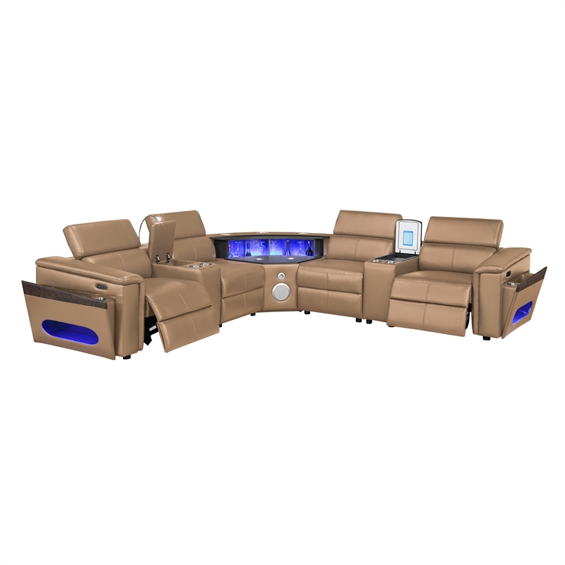 Modern Sectional with 2 Consoles with Reading Light and Fridge-Caramel