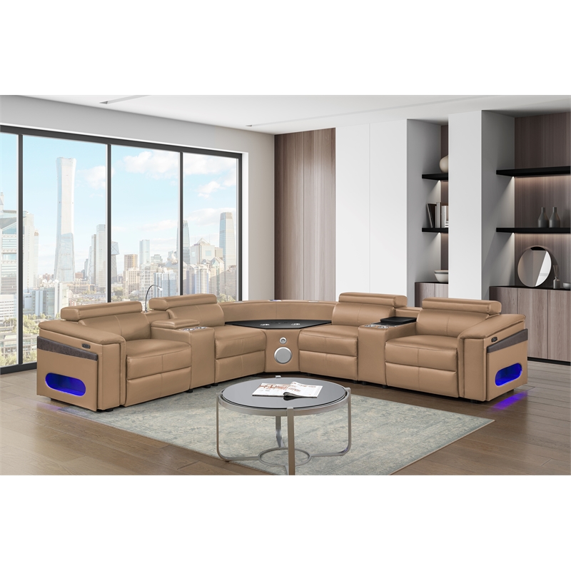 Modern Sectional with 2 Consoles with Reading Light and Fridge-Caramel