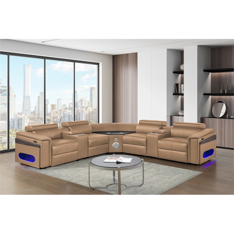 Modern Sectional with 2 Consoles with Reading Light and Fridge-Caramel