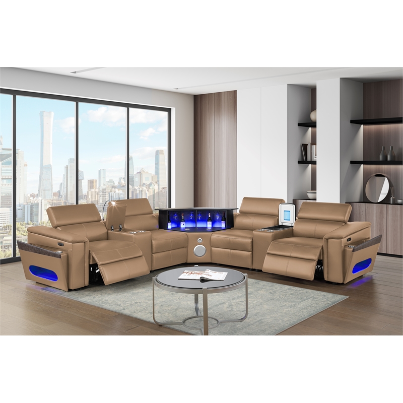 Modern Sectional with 2 Consoles with Reading Light and Fridge-Caramel