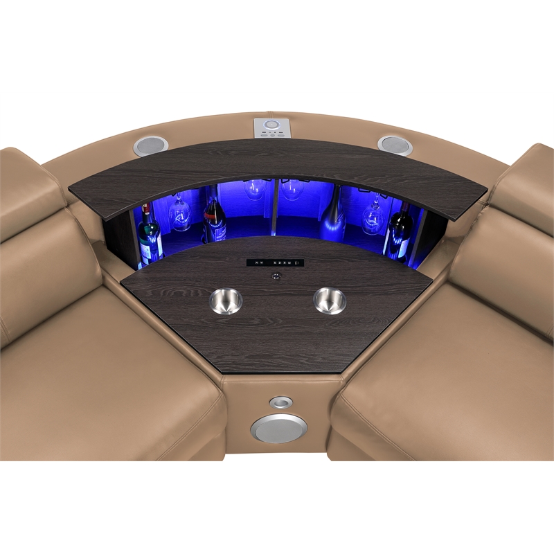 Modern Sectional with 2 Consoles with Reading Light and Fridge-Caramel