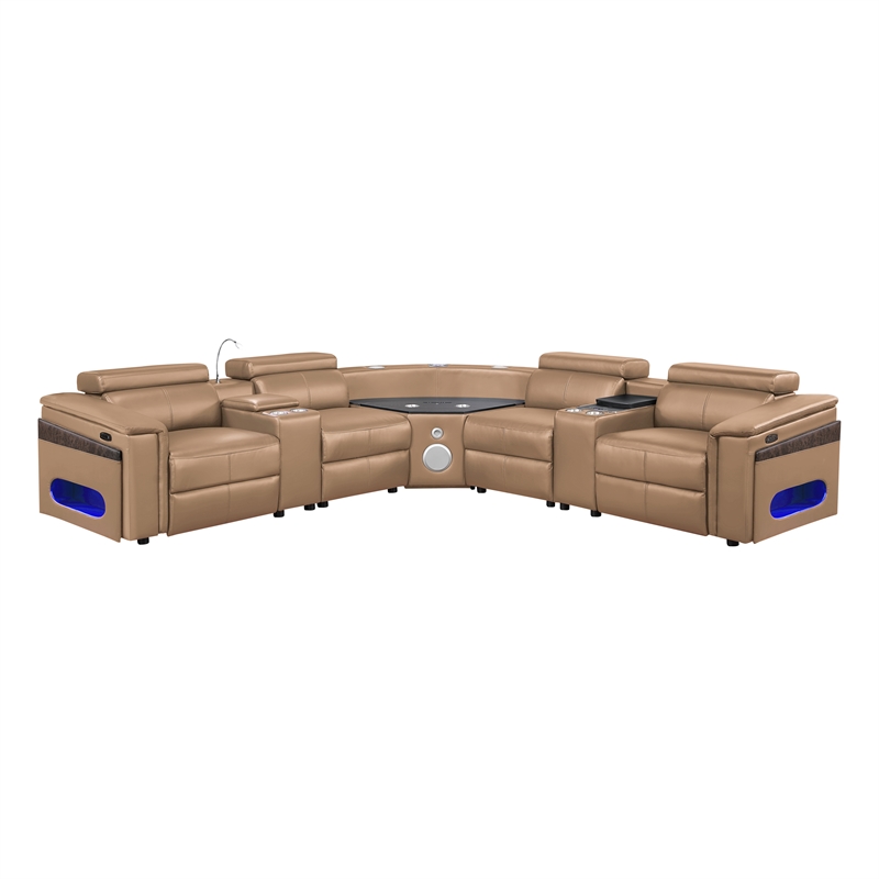 Modern Sectional with 2 Consoles with Reading Light and Fridge-Caramel