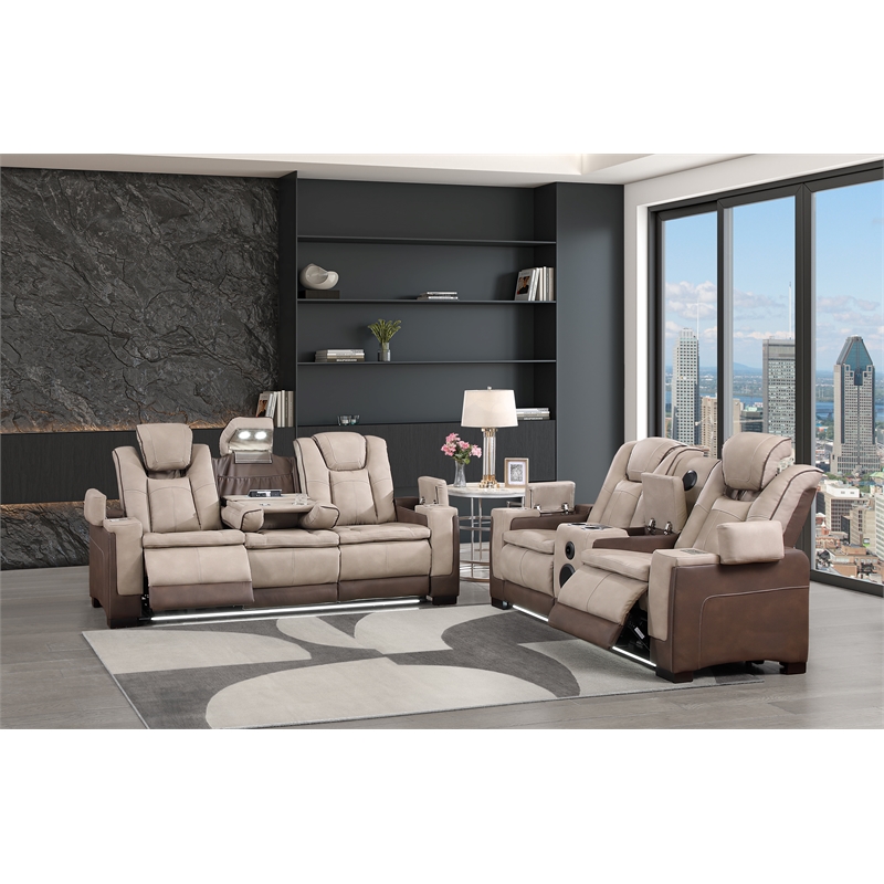 Bruno 2pc Power Reclining Sofa and Loveseat Set in Brown Faux Leather