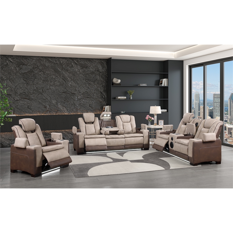 Bruno 3pc Power Reclining Sofa Loveseat and Recliner Set in Brown Faux Leather