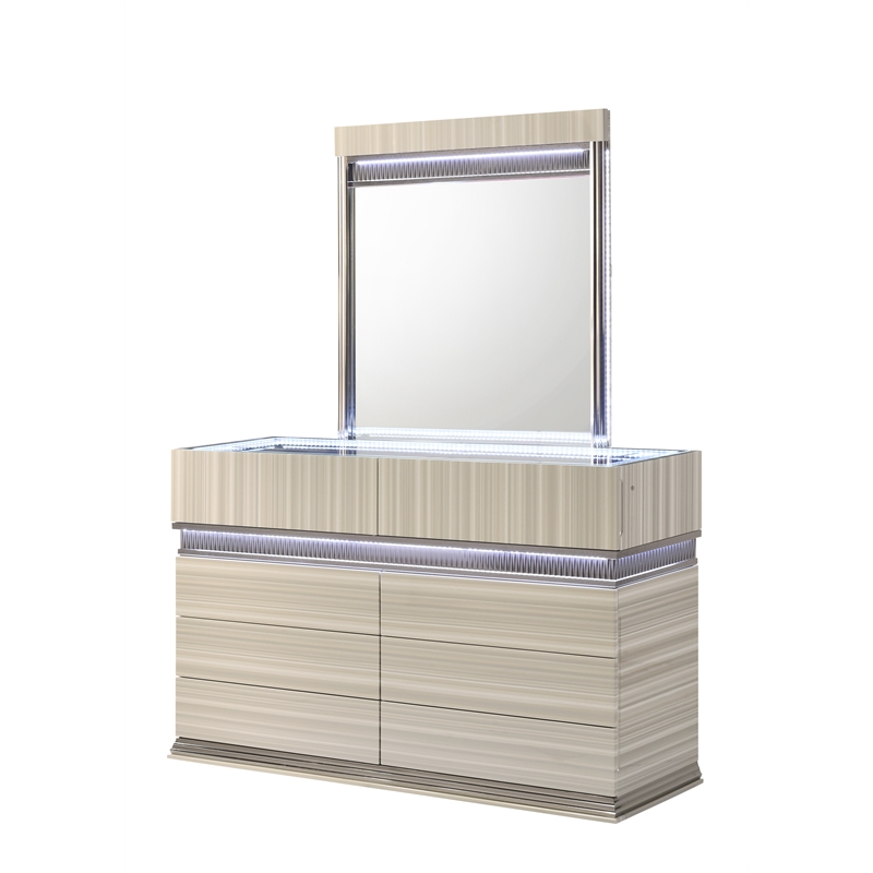 Leonor Modern Style Wood LED Rectangle Bedroom Mirror in Gray