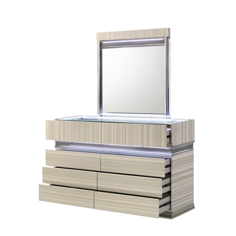 Leonor Modern Style Wood LED Rectangle Bedroom Mirror in Gray