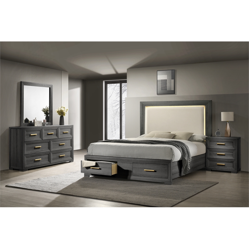 Colorado Modern Style Queen 4Pc Wood LED Bedroom Set in Charcoal