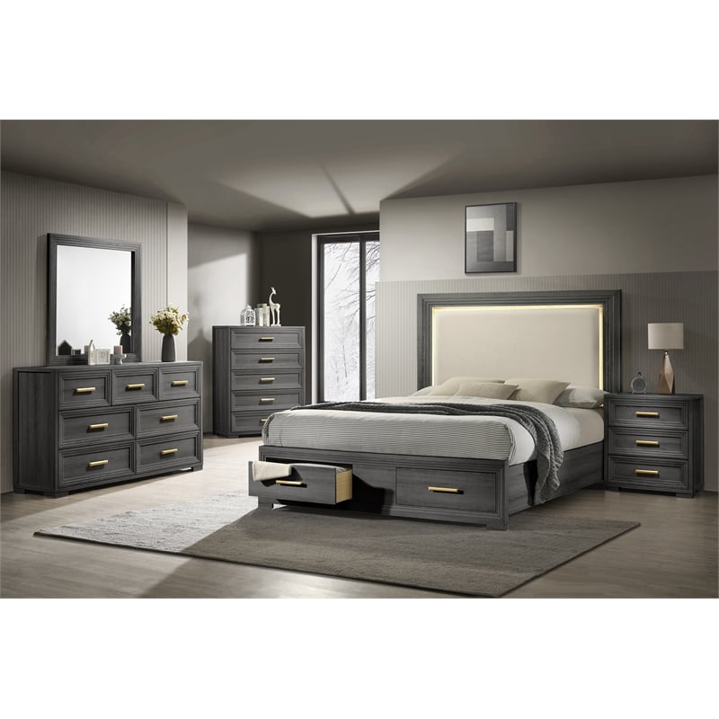 Colorado Modern Style Queen 5Pc Wood LED Bedroom Set in Charcoal