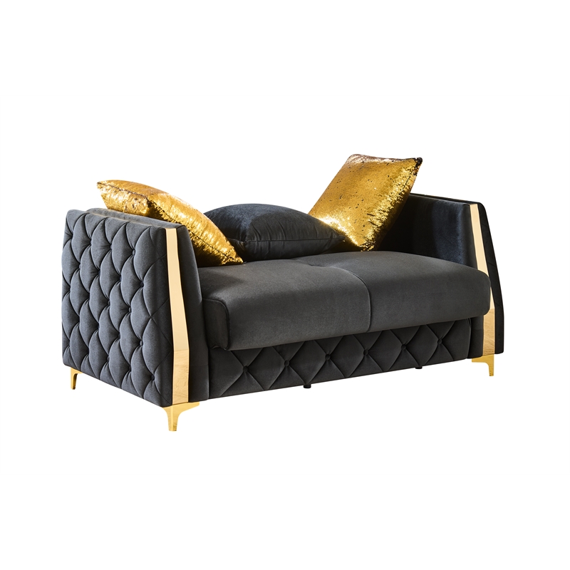 Lippa Modern Loveseat Sleeper with Storage and Gold Legs in Black
