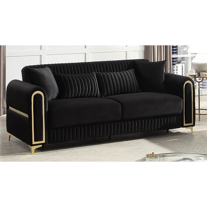 Ruby Modern Upholstered 3-Seat Sofa in Black with Gold Stainless Steel Legs