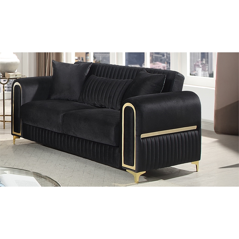 Ruby Modern Upholstered 3-Seat Sofa in Black with Gold Stainless Steel Legs