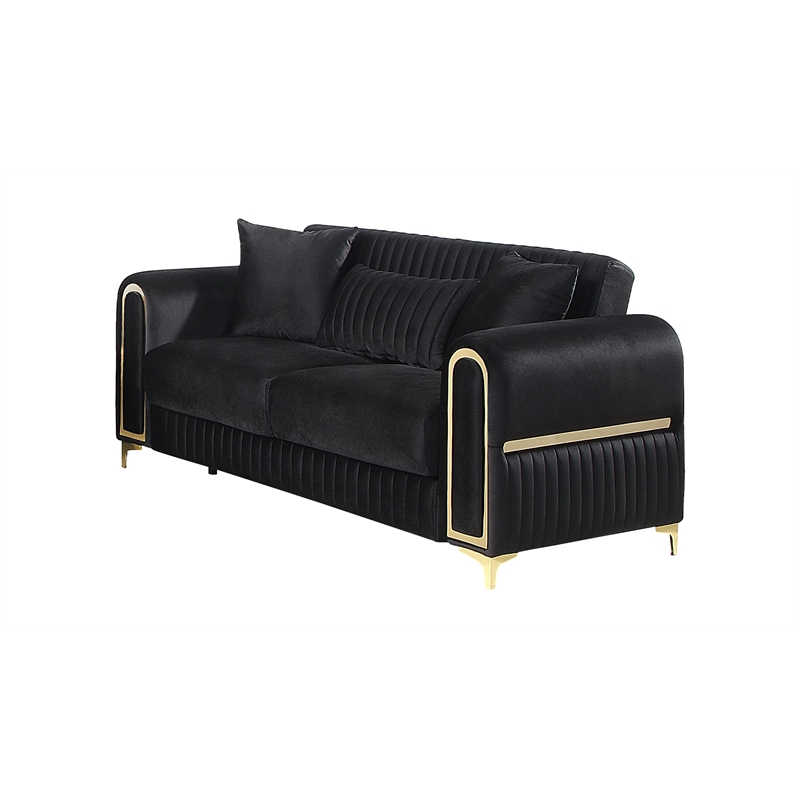Ruby Modern Upholstered 3-Seat Sofa in Black with Gold Stainless Steel Legs