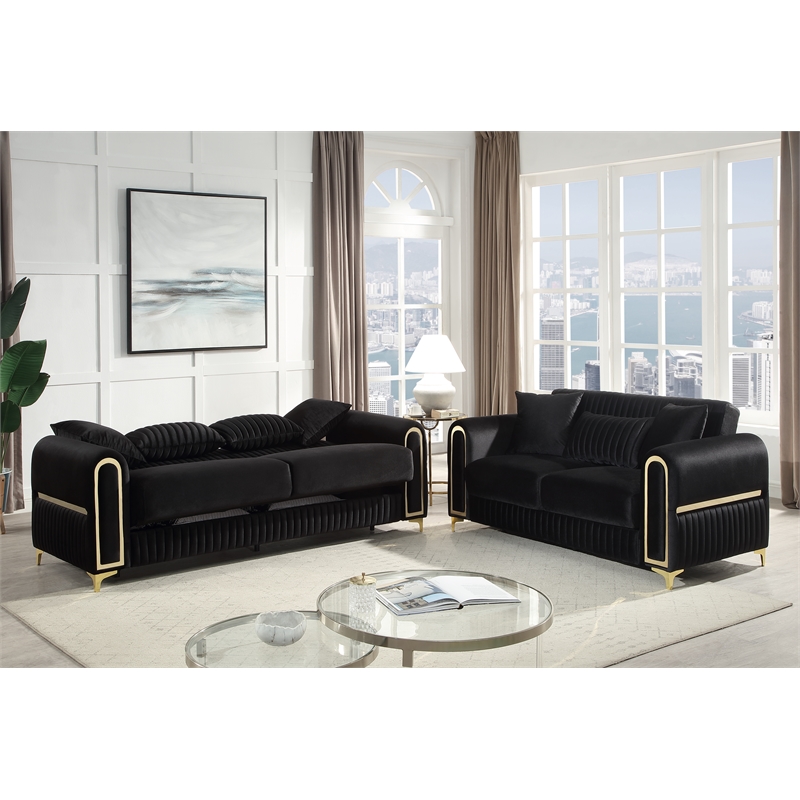 Ruby 2Pc Modern Upholstered Sofa and Loveseat Set in Black