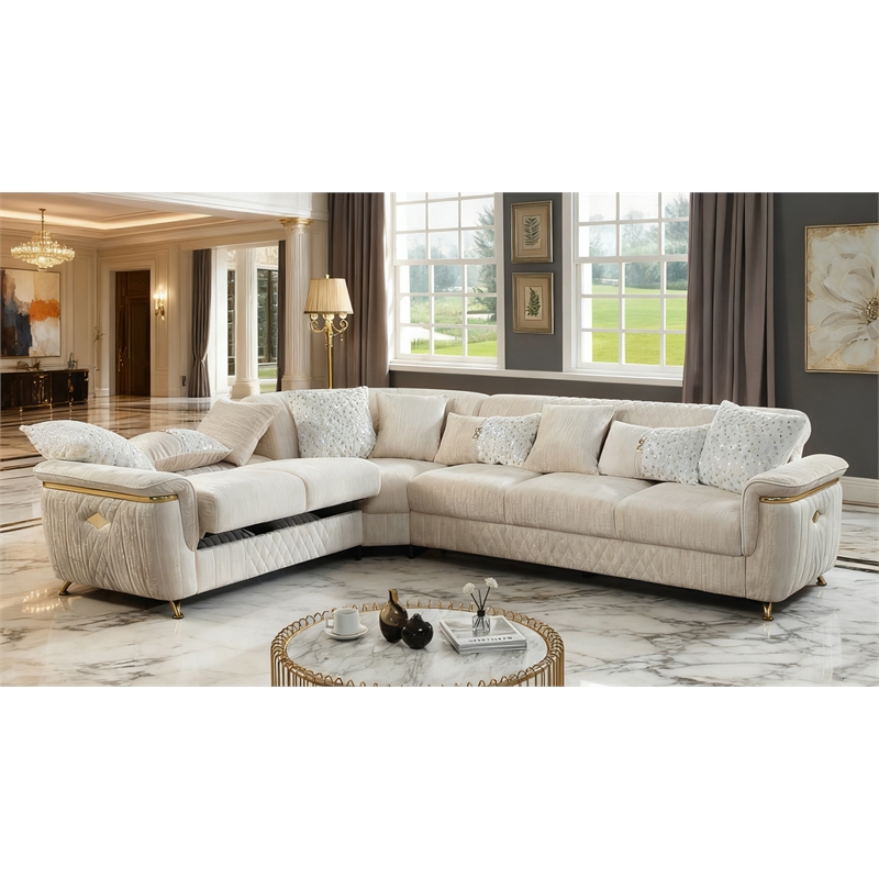 Argo Sectional made with Wood and Stainless Steel Base in Beige