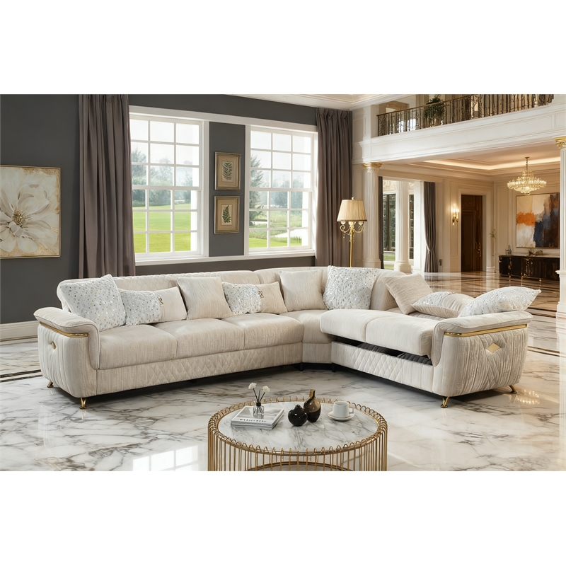 Argo Sectional made with Wood and Stainless Steel Base in Beige