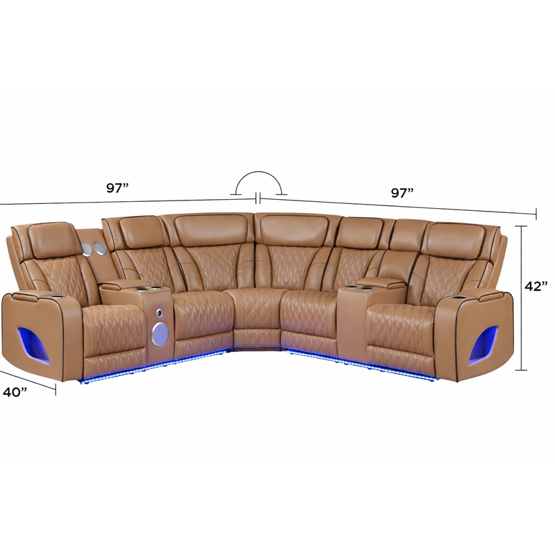 Fortuner Power Recliner Sectional in Caramel made with wood & Faux Leather