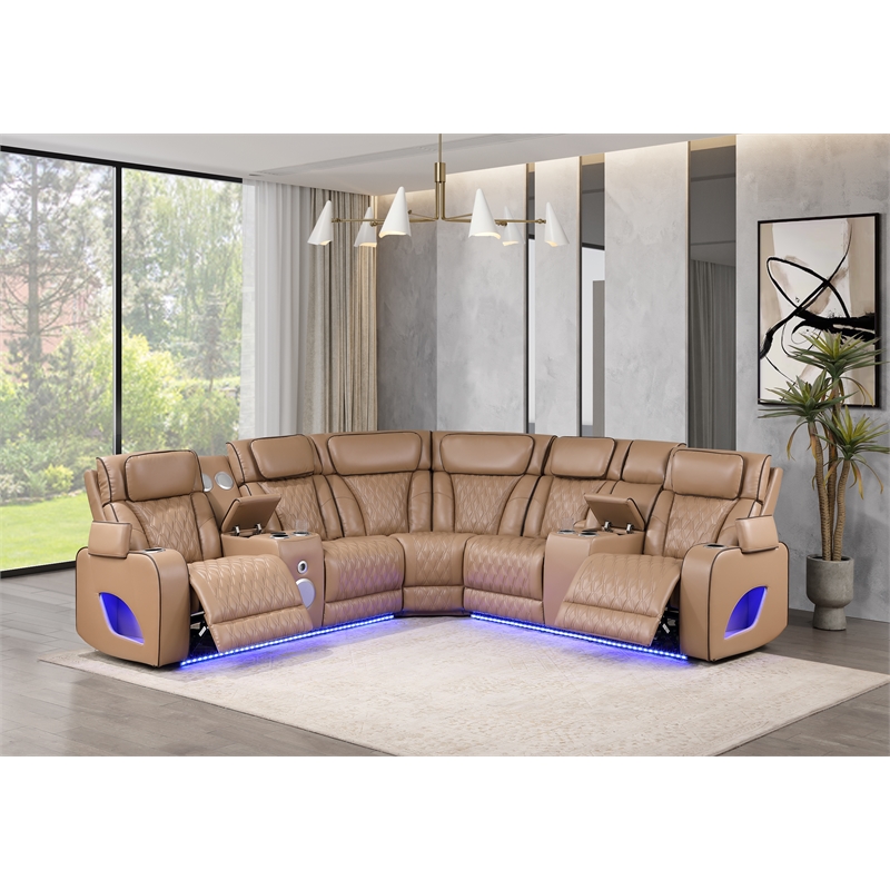 Fortuner Power Recliner Sectional in Caramel made with wood & Faux Leather