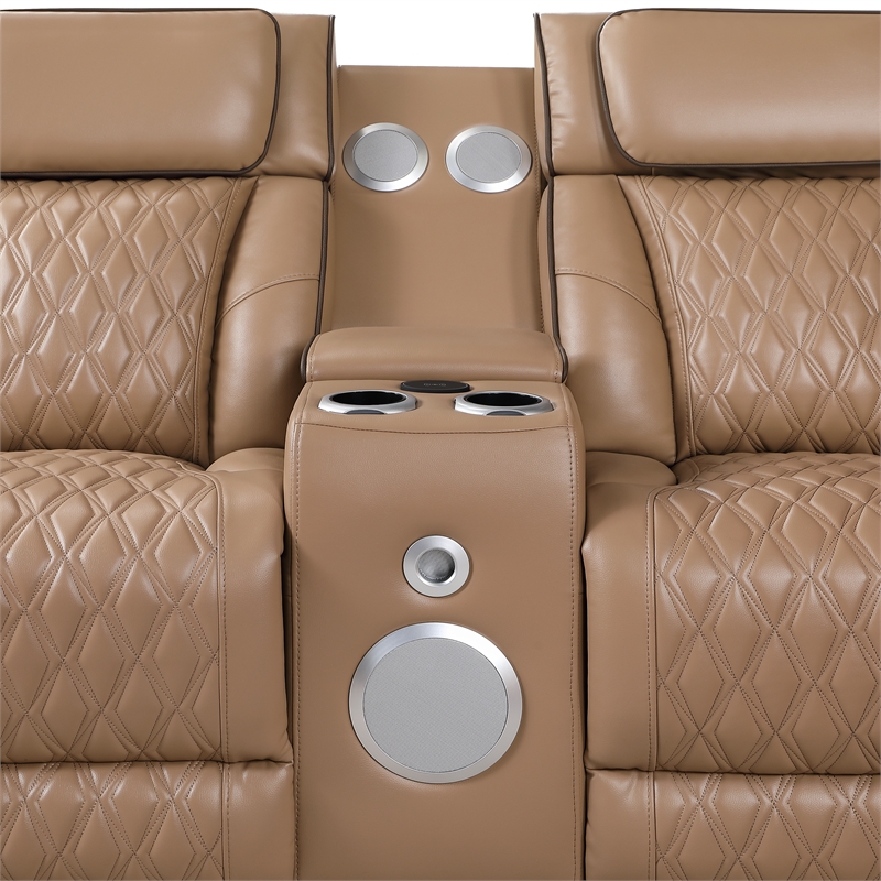 Fortuner Power Recliner Sectional in Caramel made with wood & Faux Leather