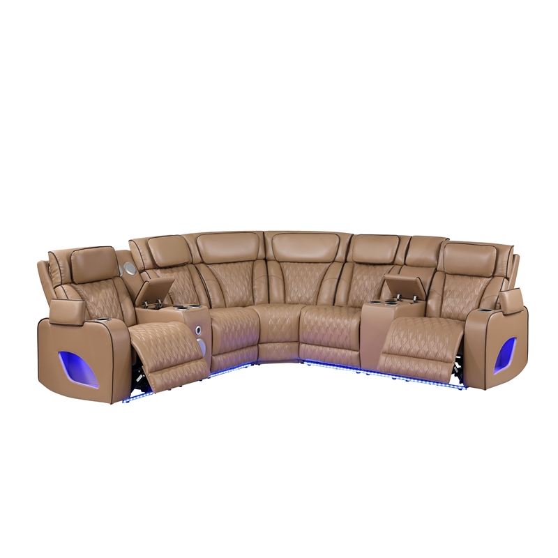 Fortuner Power Recliner Sectional in Caramel made with wood & Faux Leather
