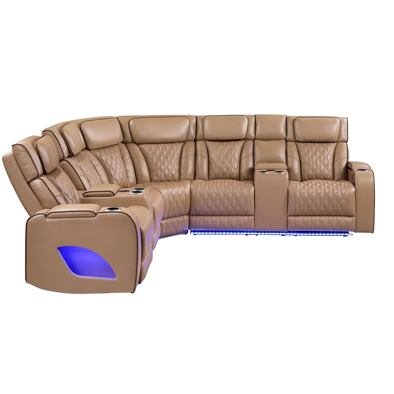 Fortuner Power Recliner Sectional in Caramel made with wood & Faux Leather