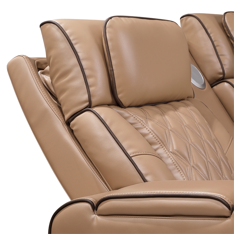 Fortuner Power Recliner Sectional in Caramel made with wood & Faux Leather