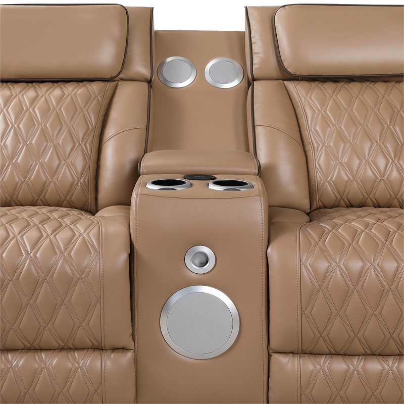 Fortuner Power Recliner Sectional in Caramel made with wood & Faux Leather