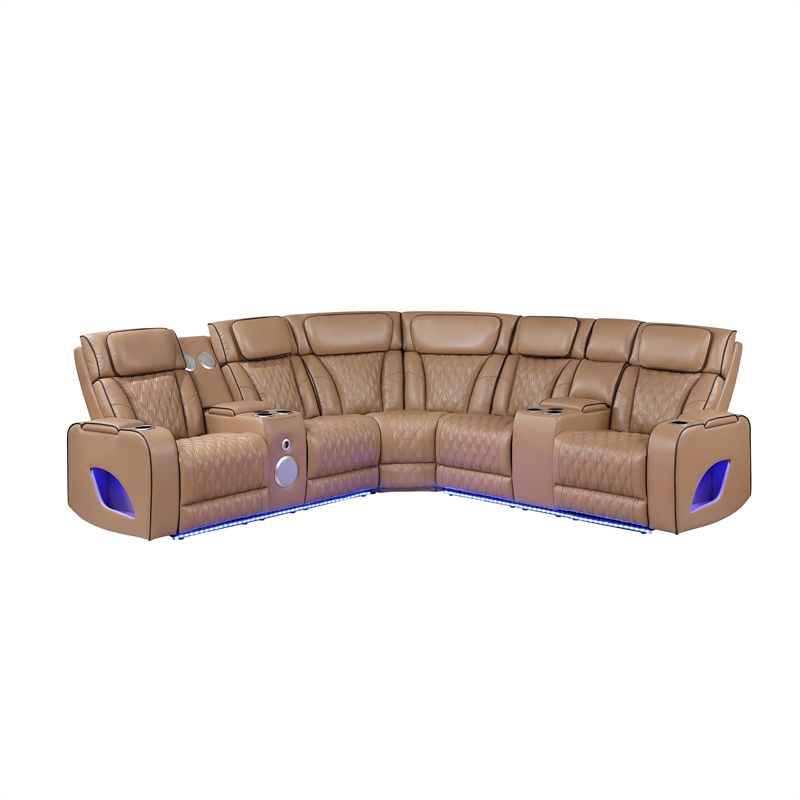 Fortuner Power Recliner Sectional in Caramel made with wood & Faux Leather