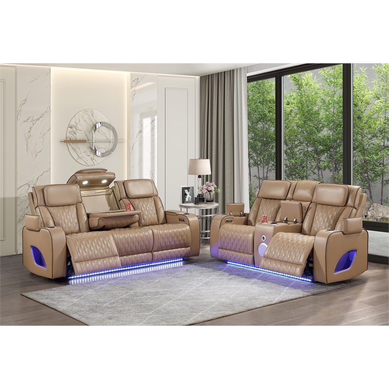 Fortuner 2pc Power Reclining Sofa and Loveseat Set in Caramel Faux Leather