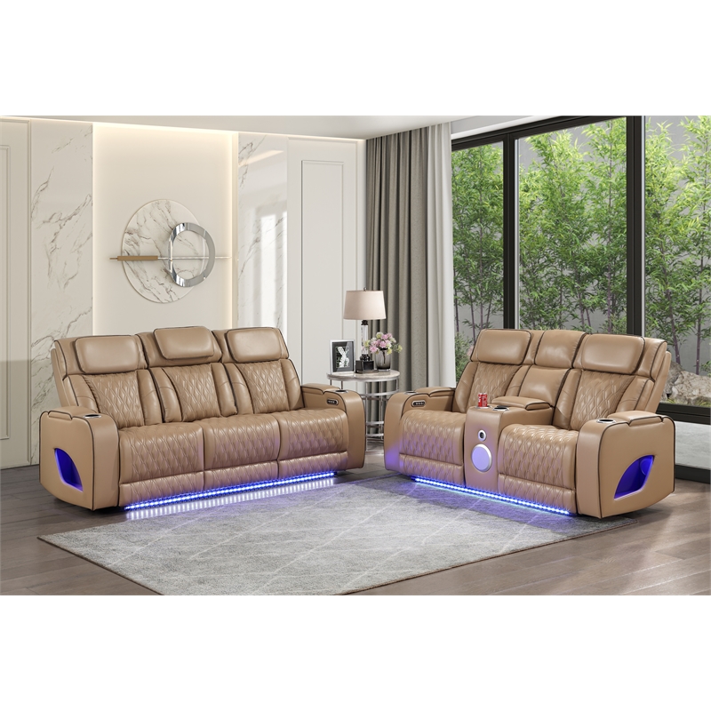 Fortuner 2pc Power Reclining Sofa and Loveseat Set in Caramel Faux Leather