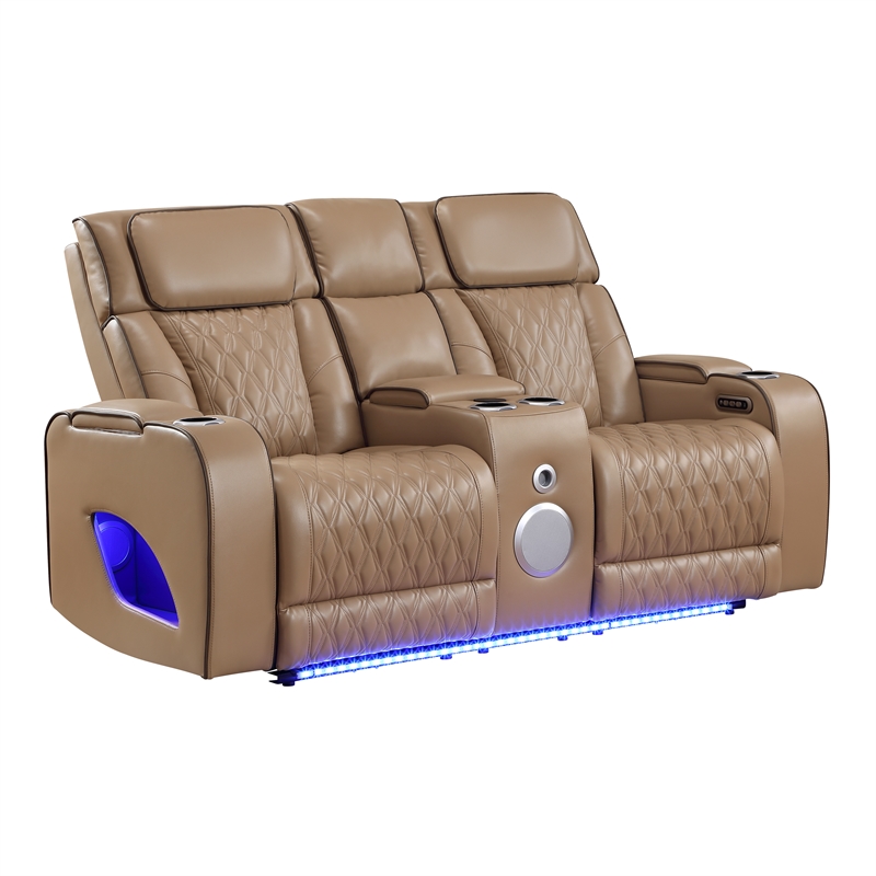 Fortuner 2pc Power Reclining Sofa and Loveseat Set in Caramel Faux Leather