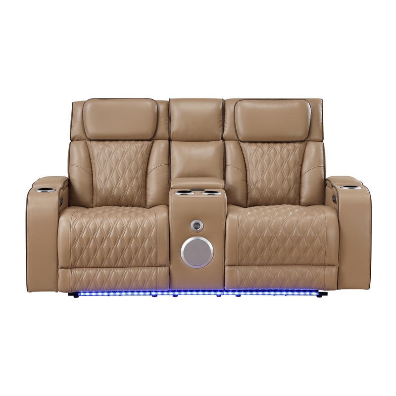 Fortuner 2pc Power Reclining Sofa and Loveseat Set in Caramel Faux Leather