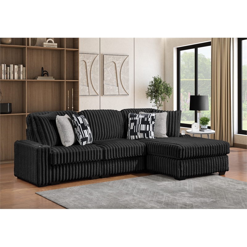 Puffy Modern Polyester Sectional with Woven Upholstery in Black