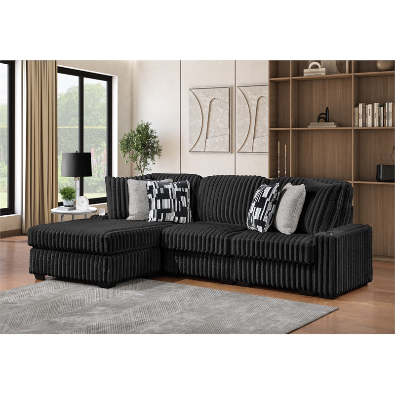 Puffy Modern Polyester Sectional with Woven Upholstery in Black