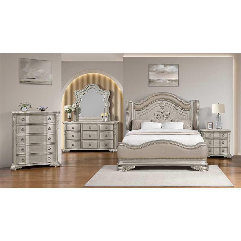 Bella Traditional Style King 5 PC Bedroom Set made with Wood in Champagne