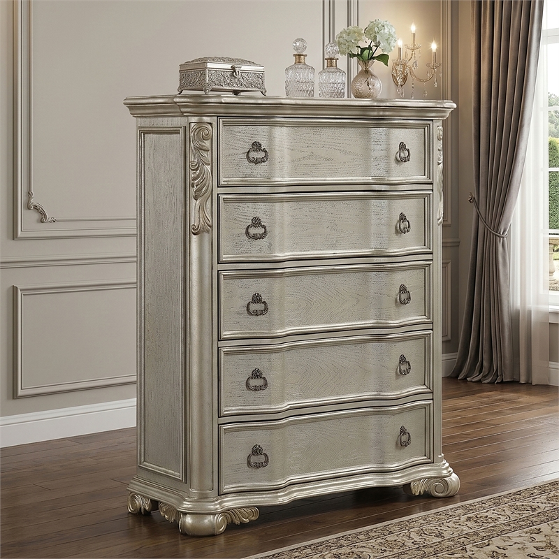 Bella Traditional Style 5-Drawer Chest with Marble in Champagne