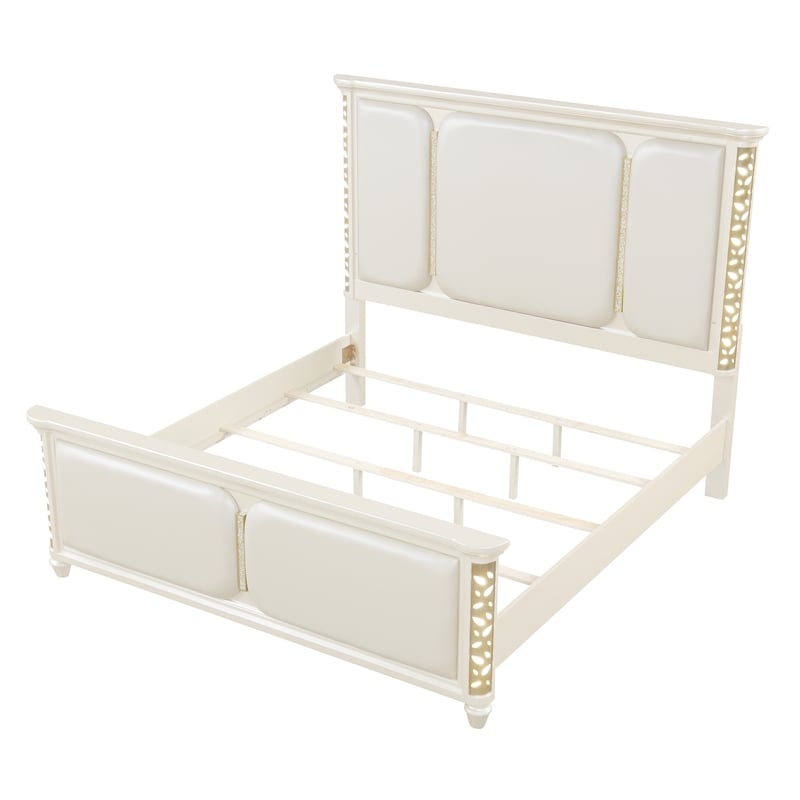 Cinderella Traditional Style Queen Upholstered Bed with LED and Gold Accents