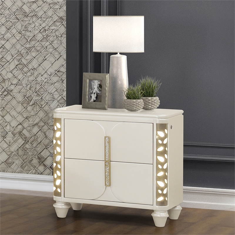 Cinderella Traditional 2 Drawer Wood Nightstand with LED Accents in White
