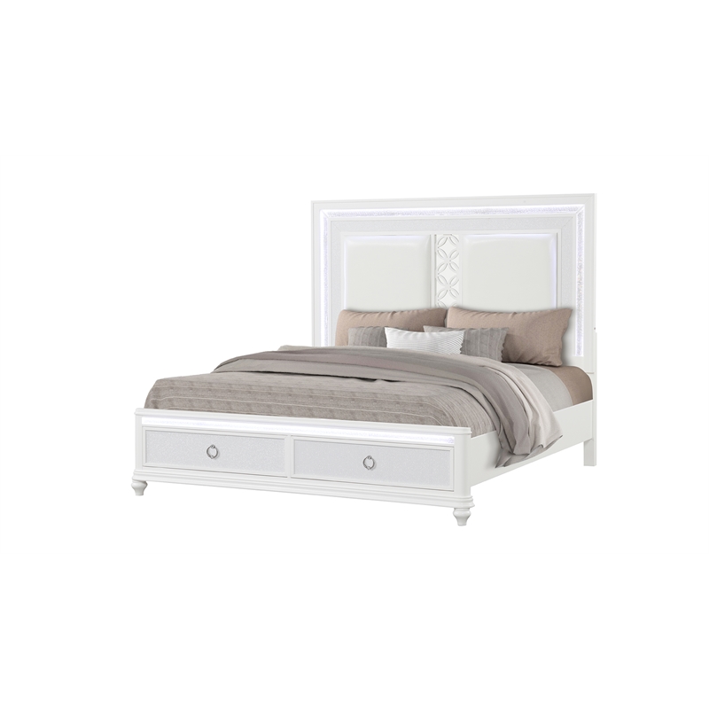 Abigale Queen 4Pc Bedroom Set LED Storage Bed & Polyurethane Headboard in White