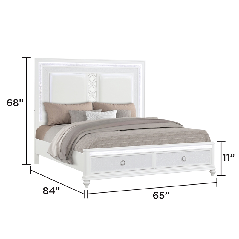 Abigale Queen 4Pc Bedroom Set LED Storage Bed & Polyurethane Headboard in White