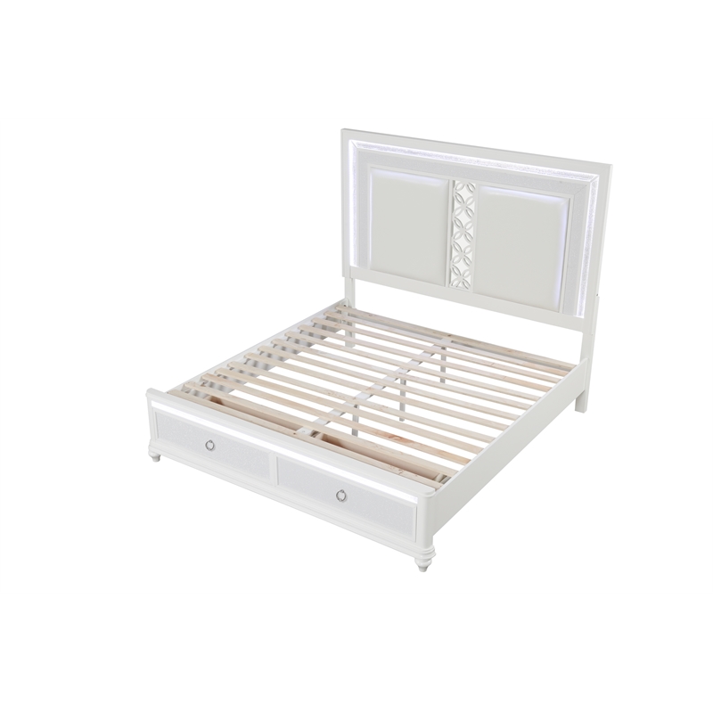 Abigale Queen 4Pc Bedroom Set LED Storage Bed & Polyurethane Headboard in White