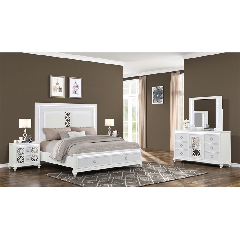 Abigale Queen 4Pc Bedroom Set LED Storage Bed & Polyurethane Headboard in White