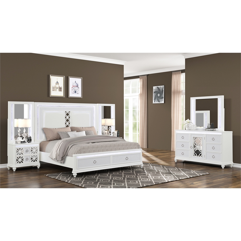 Abigale Modern Queen 4 Piece Wood Bedroom Set with LED Storage Bed in White